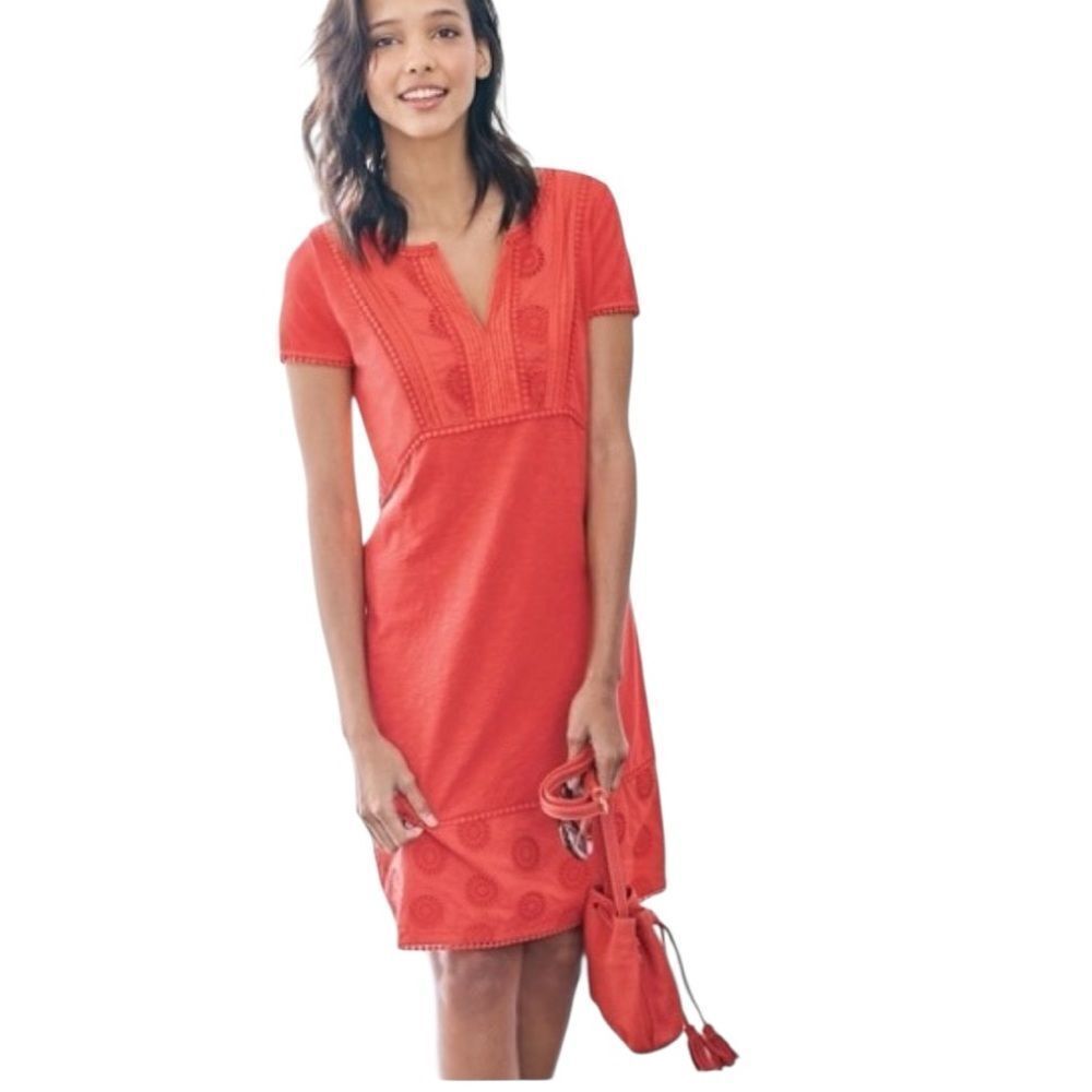 Boden | Coral-Red V-Neck Short Sleeve Mini Dress